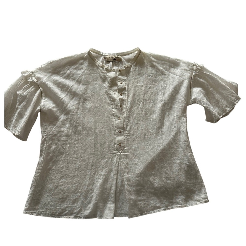 Cotélac‎ White 100% Cotton Textured Henley Blouse Size 2 Medium French
